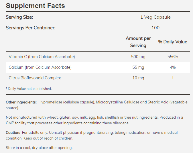 Vitamin C-500 Ascorbate - 100 веган капсули NOW - Image 2