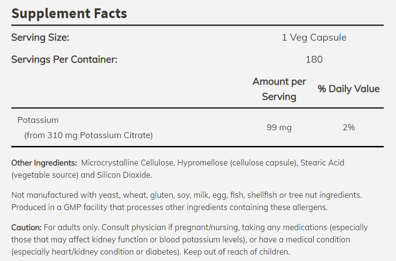Potassium Citrate 99 mg - 180 Capsules NOW - Image 2